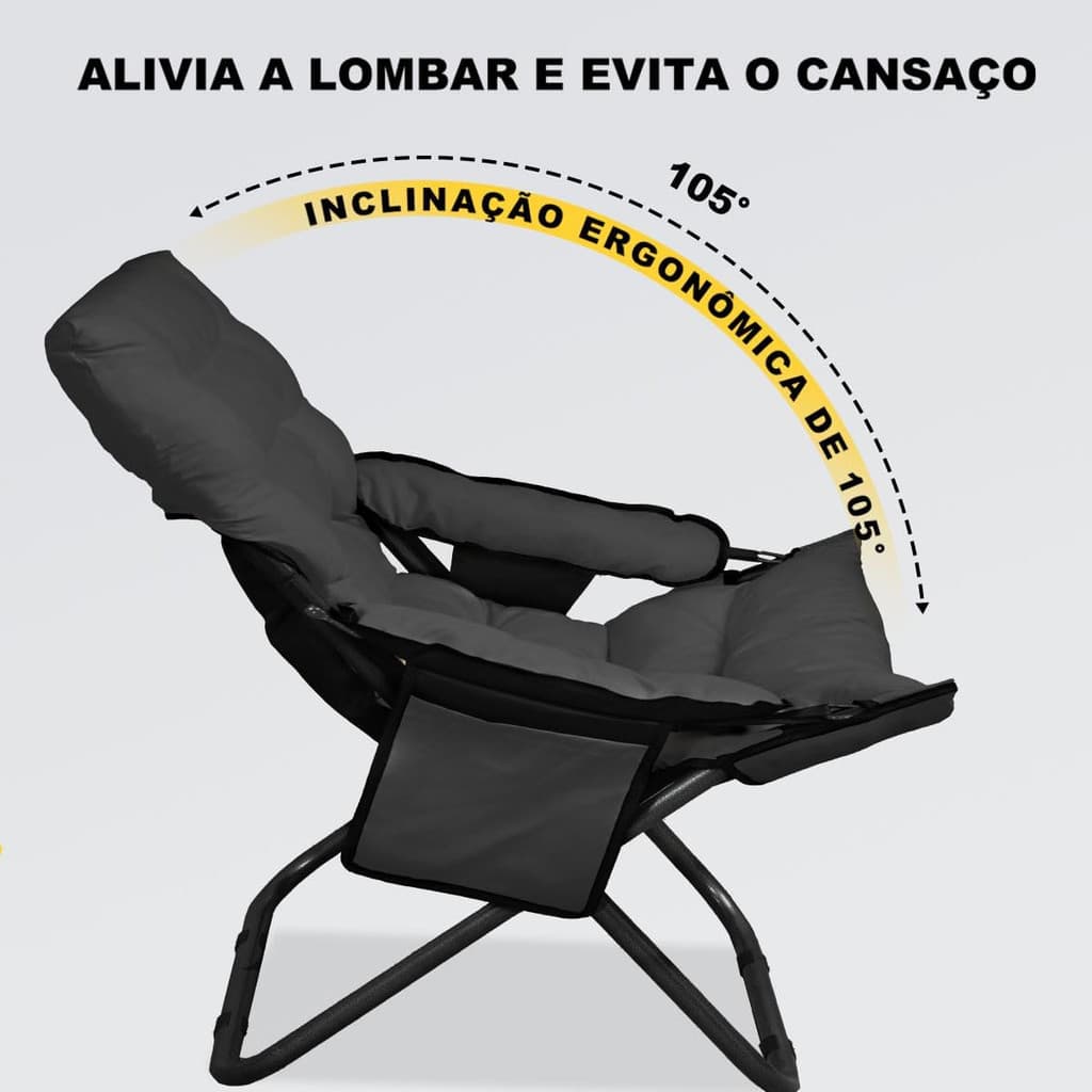 Cadeira Dobrável Reclinável com Braços Almofadada Portátil Varanda Camping