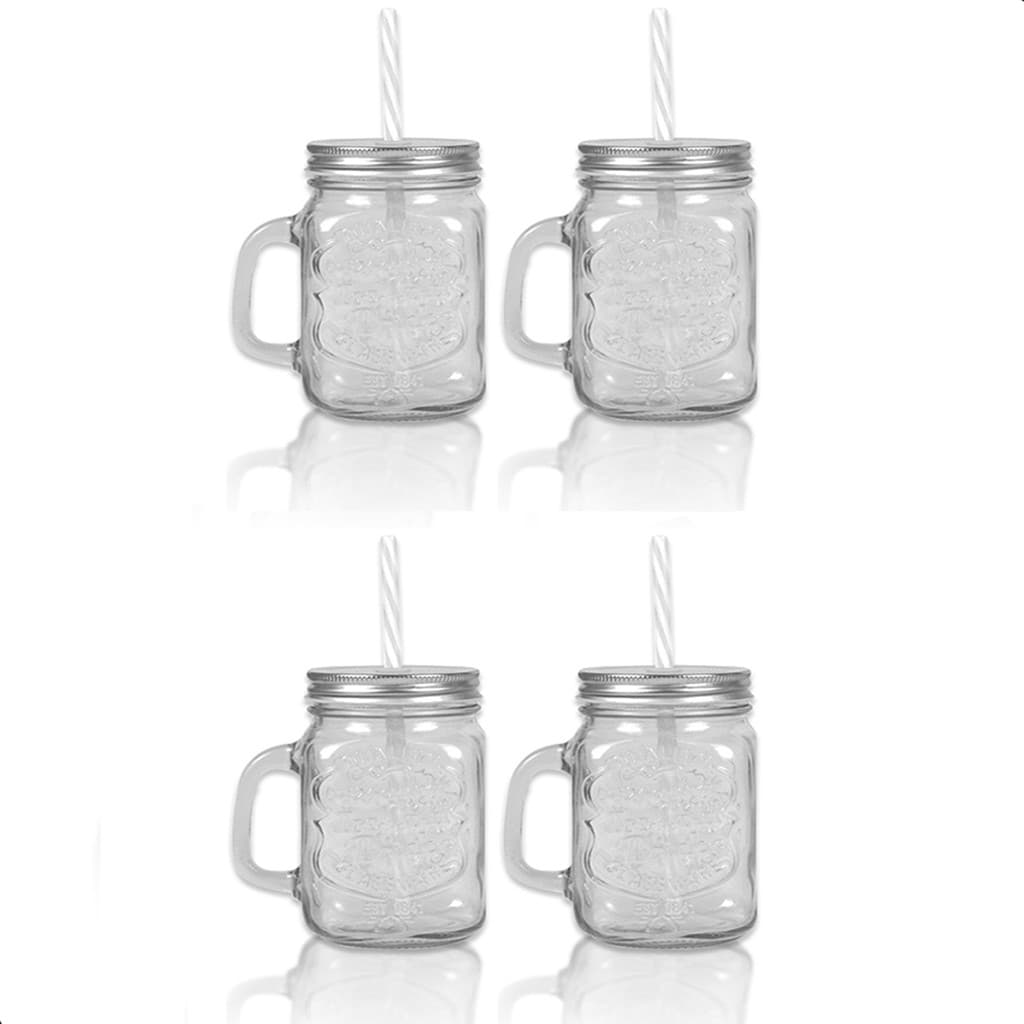 Kit 4 Jarrinhas de Vidro com Canudo de Pástico Reutilizável  Ideal para Bebidas Geladas Sucos Drinks Chás Caipirinhas