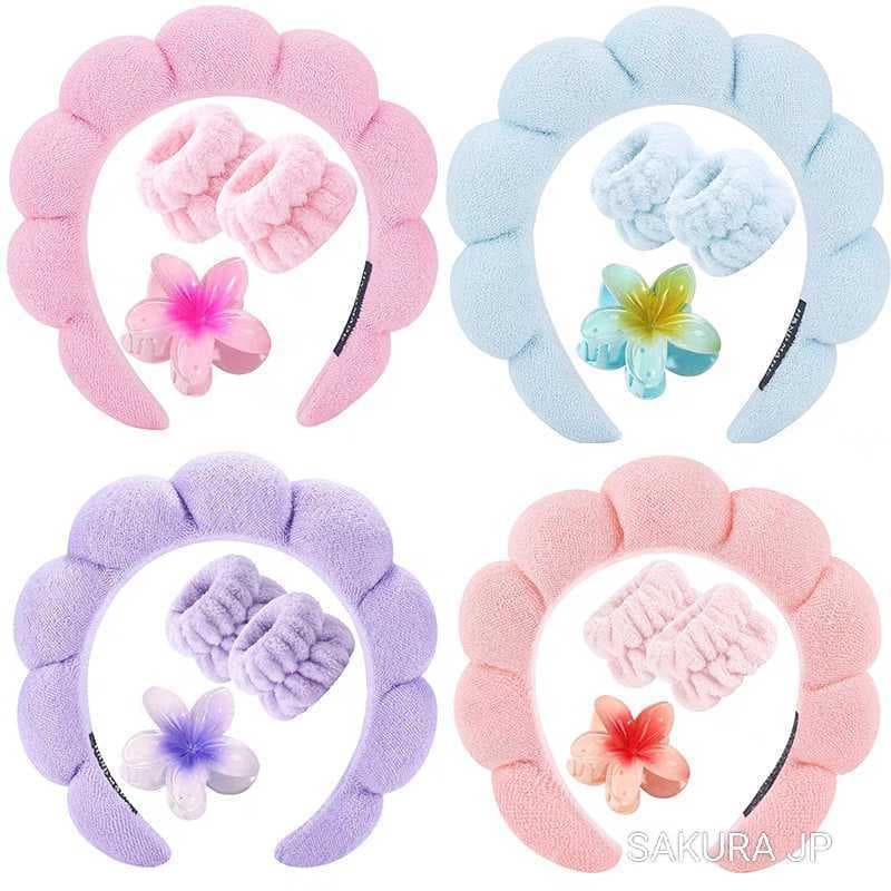 KIT 4 PCS Acessórios de Skincare Spa Feminino Tiara Nuvem Faixa de Pulso Presilha de Flor LL4440A em Cores Variadas