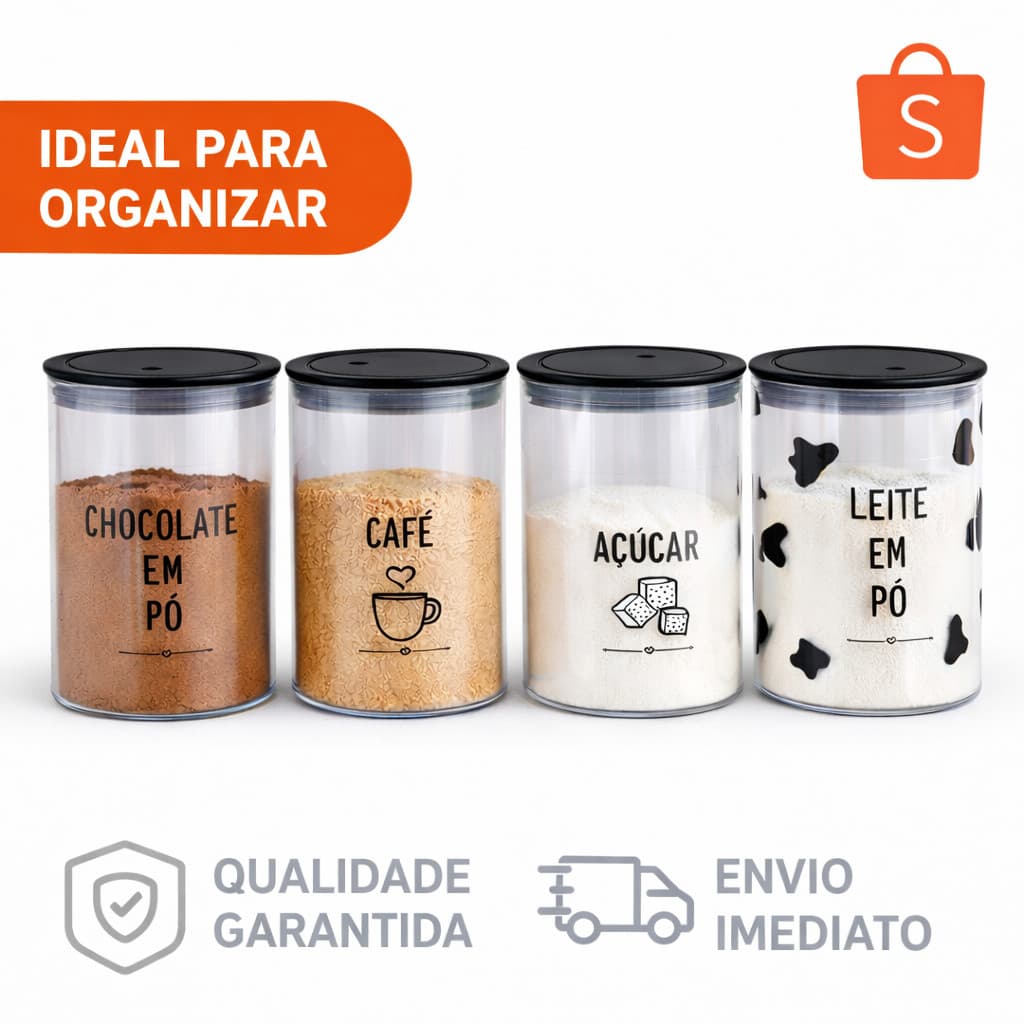 Kit Potes Herméticos Cozinha Acrílico com Tampa | Café Açúcar Chocolate Leite em Pó