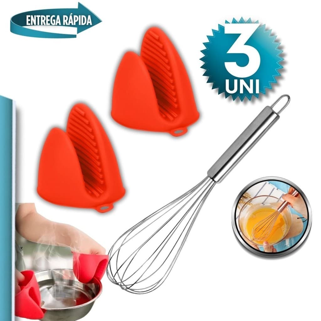 Kit 3 - Luvas Térmica de Silicone Pega Panela Bico de Pato, Fue Fuet Batedor de Ovos Massa Forno