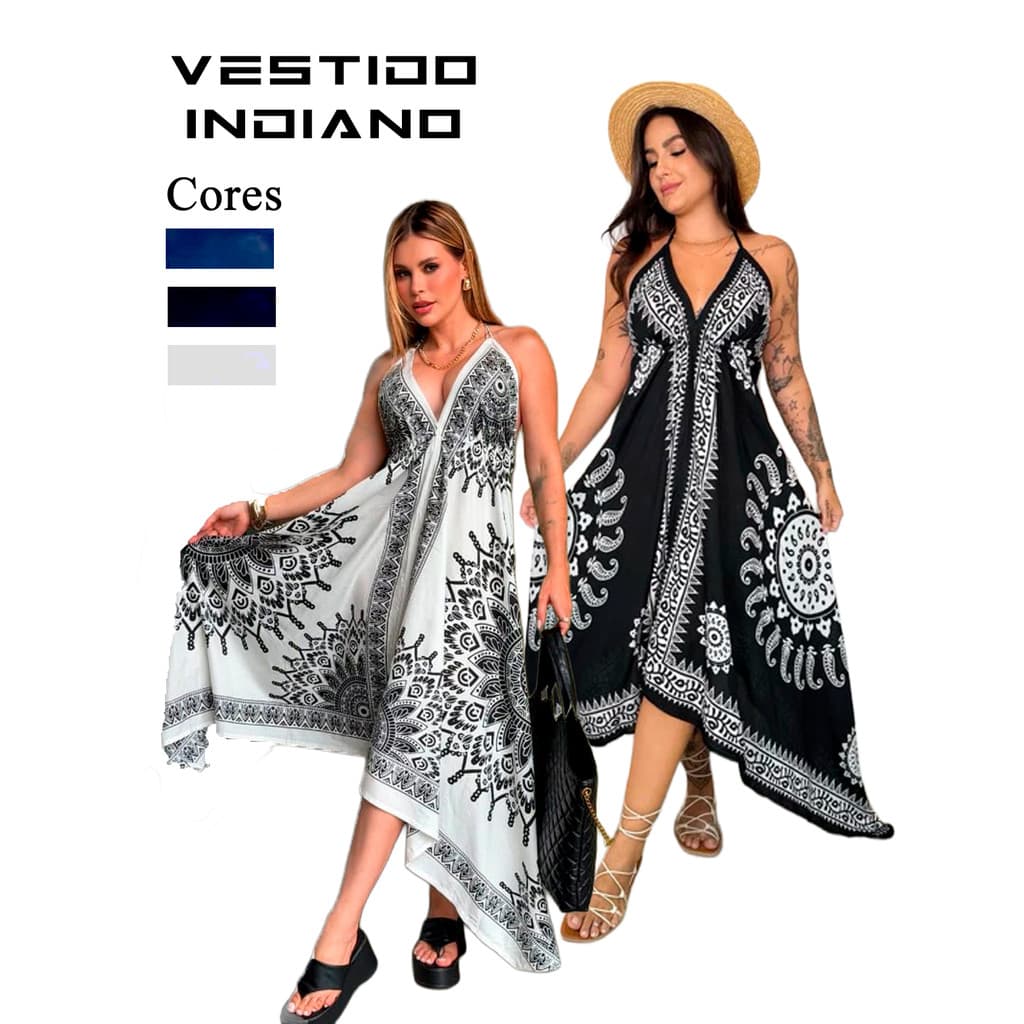 Vestido Estampado Longo Indiano Costa Nua Decote V Corte Reto Amarração Costas e Pescoço Ajustável
