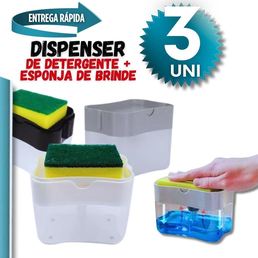 Jogo com 03 Un Porta Detergente Dispenser Sabão Dispensador com + 1 Bucha e Esponja Inclusa Material Premium