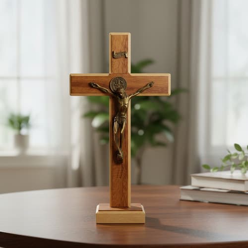 Crucifixo De Mesa Parede Madeira Com Metal São Bento 25cm Marrom