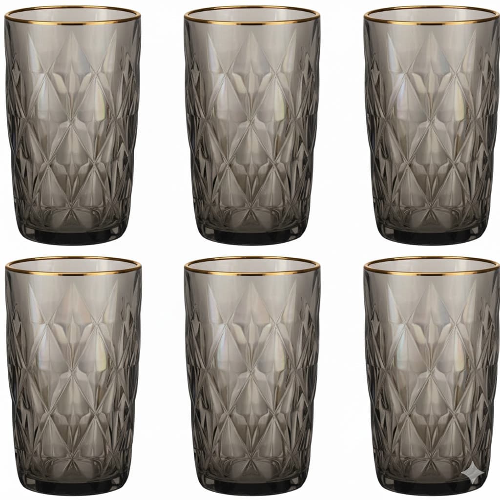 Jogo De 6 Copos 400ml Cinza Borda Dourada Diamond Em Casa Tem