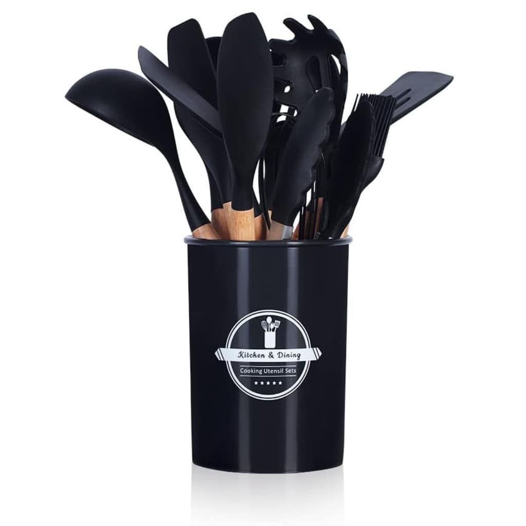 Kit Utensílios de Cozinha 12 Peças - Silicone e Cabo de Madeira.
