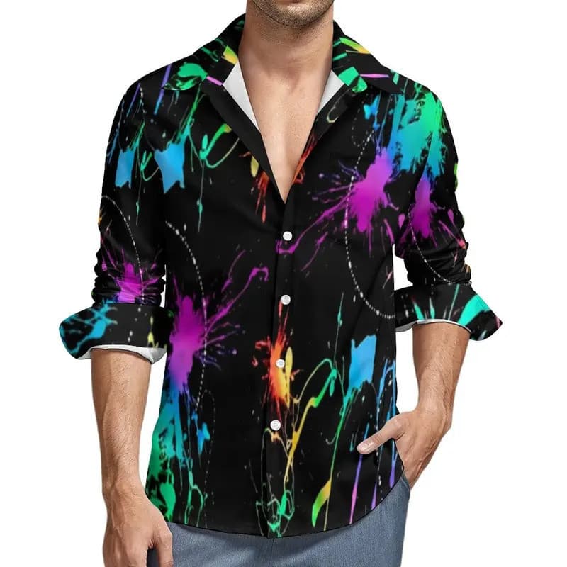 Camisa Masculina Colorida e Neon com Estampa de Tinta Salpicada, Manga Longa, Estilo Casual, 2026