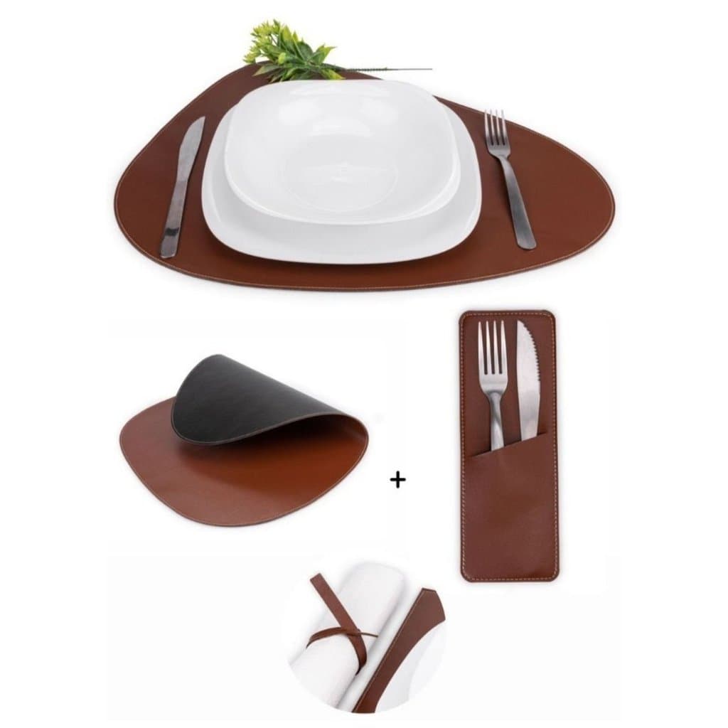 KIT JOGOS AMERICANOS EM COURINO DUPLA FACE E IMPERMEÁVEIS COM  PORTA COPO, PORTA TALHERES E PORTA GUARDANAPO COMPLETO PA