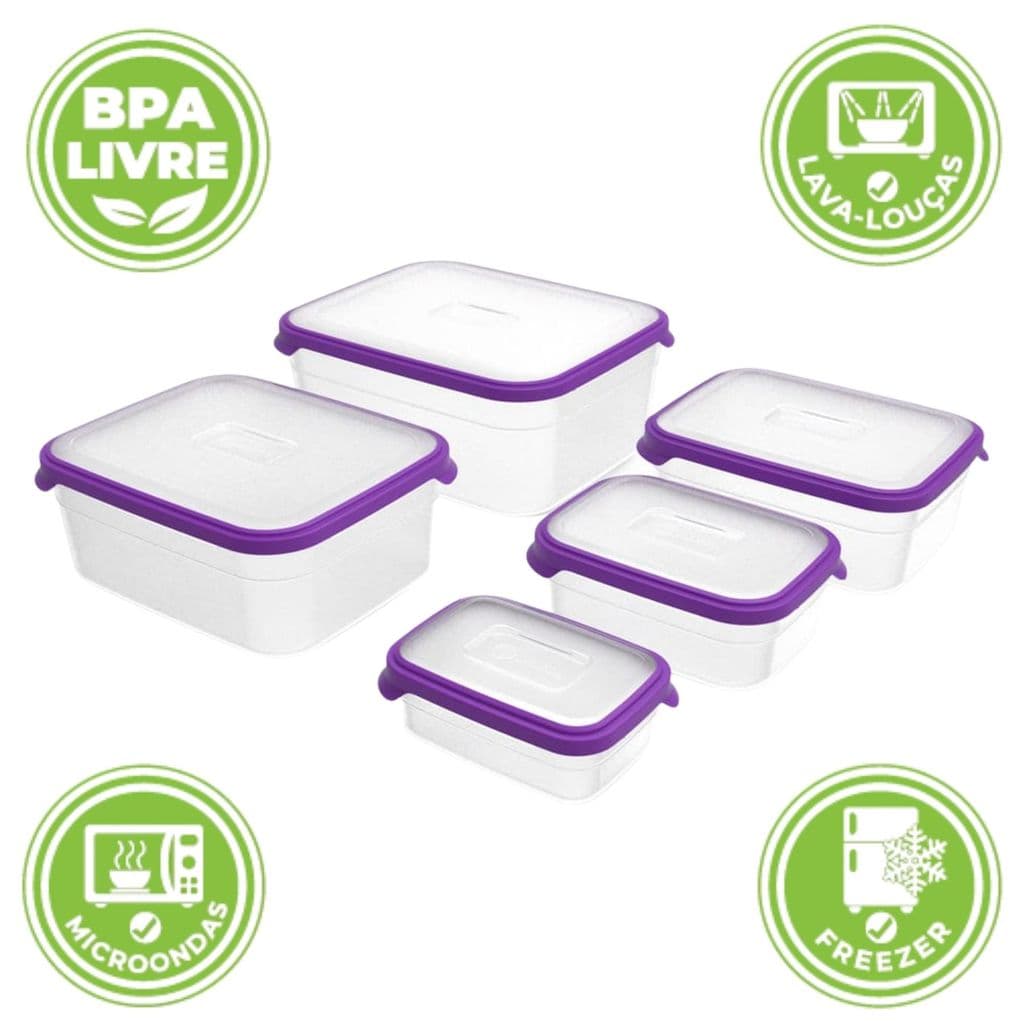 Jogo 5 Potes Helsim 500ml, 1, 2, 3 e 5L Microondas e Freezer