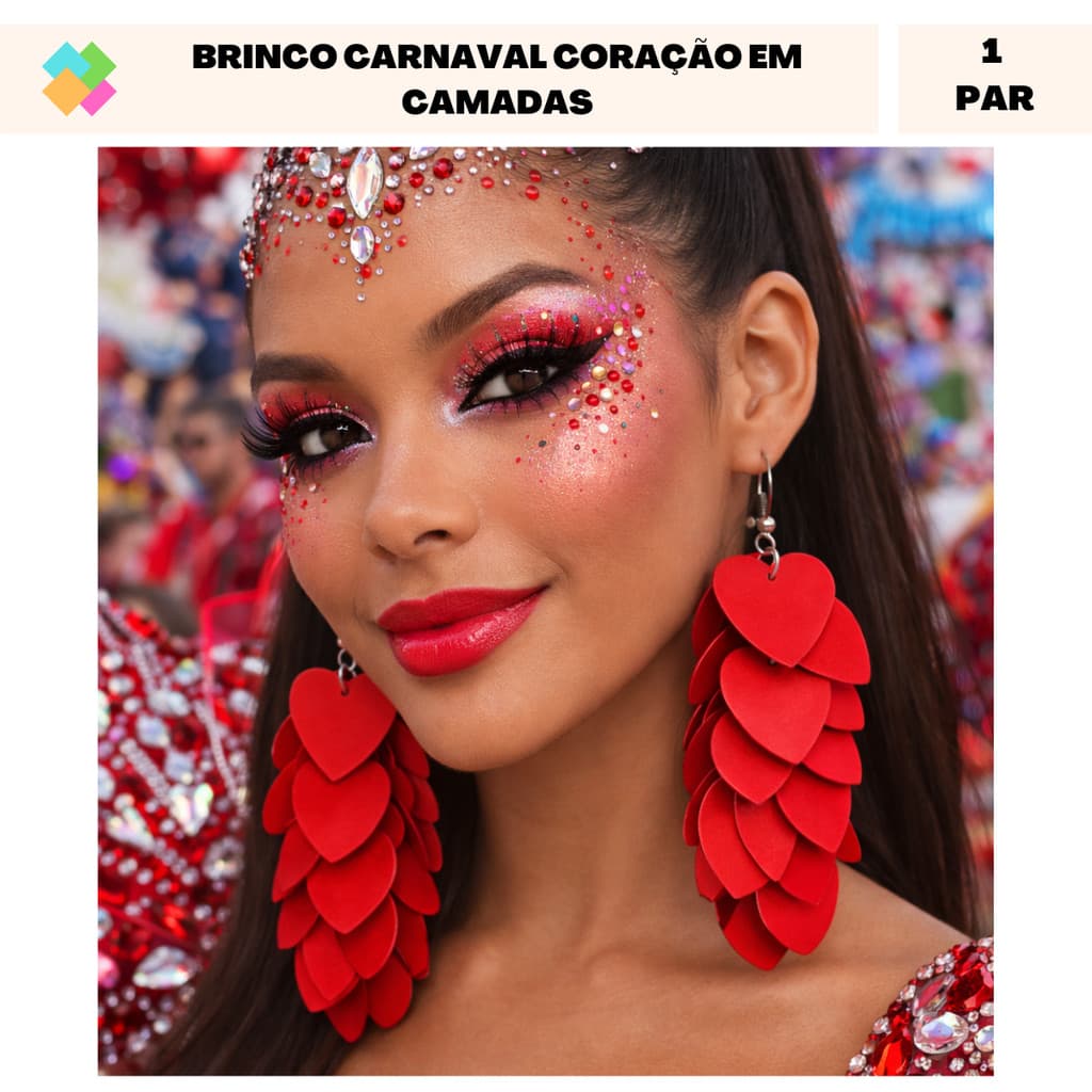 Brinco Feminino Coração em Camadas Leve e Elegante Carnaval 2026 (1 Par)