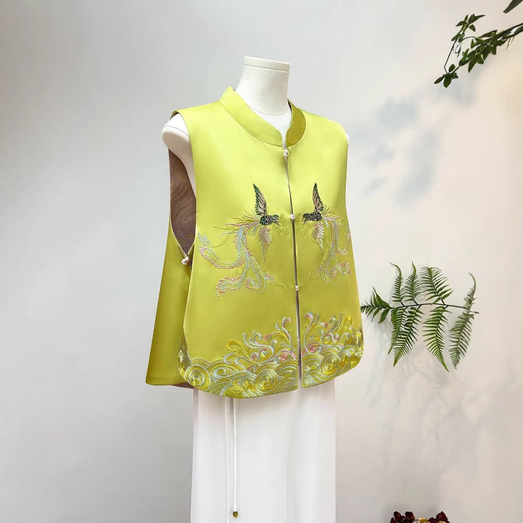 Novo estilo chinês Phoenix dupla face usar colete feminino 2025 primavera verão novo estilo estilo nacional gola alta co