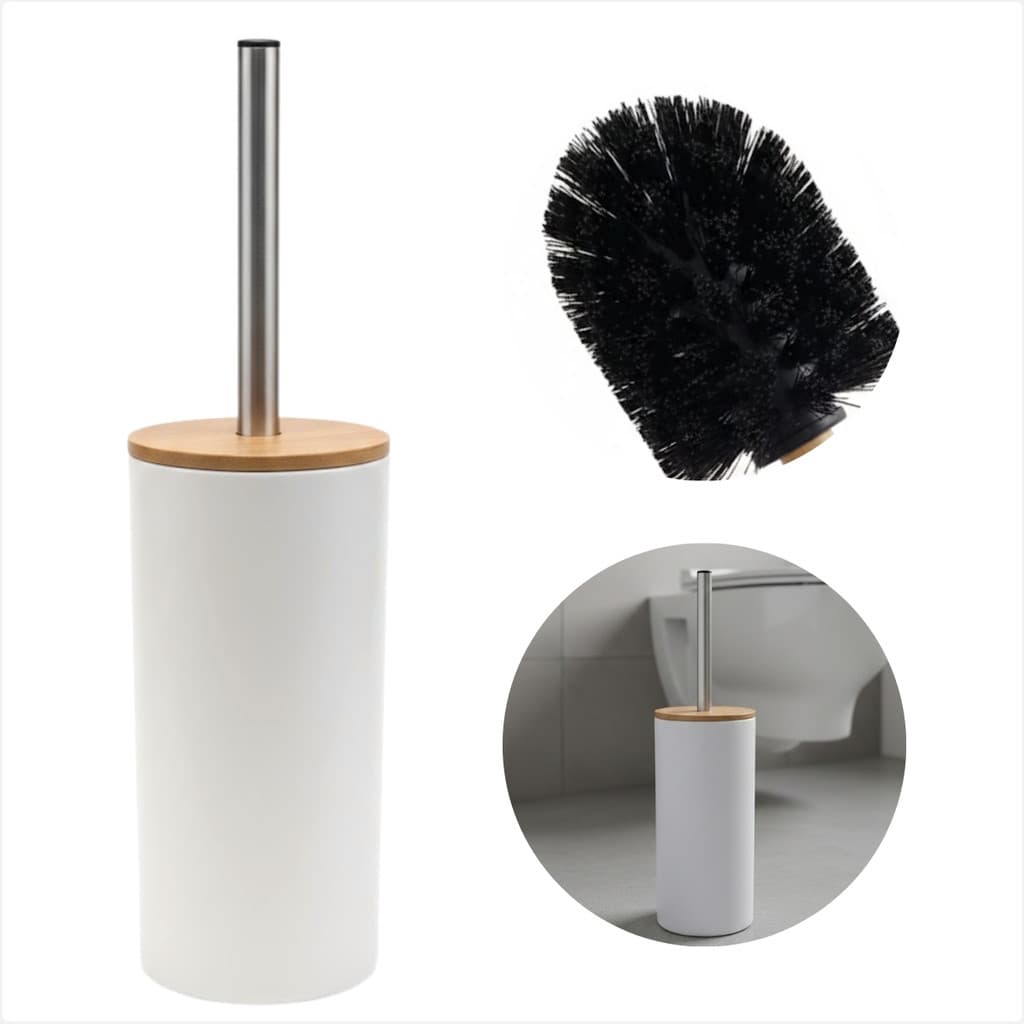 Escova Sanitária Com Suporte Porta Escova Plástico Branco Tampa De Bambu Para Banheiro
