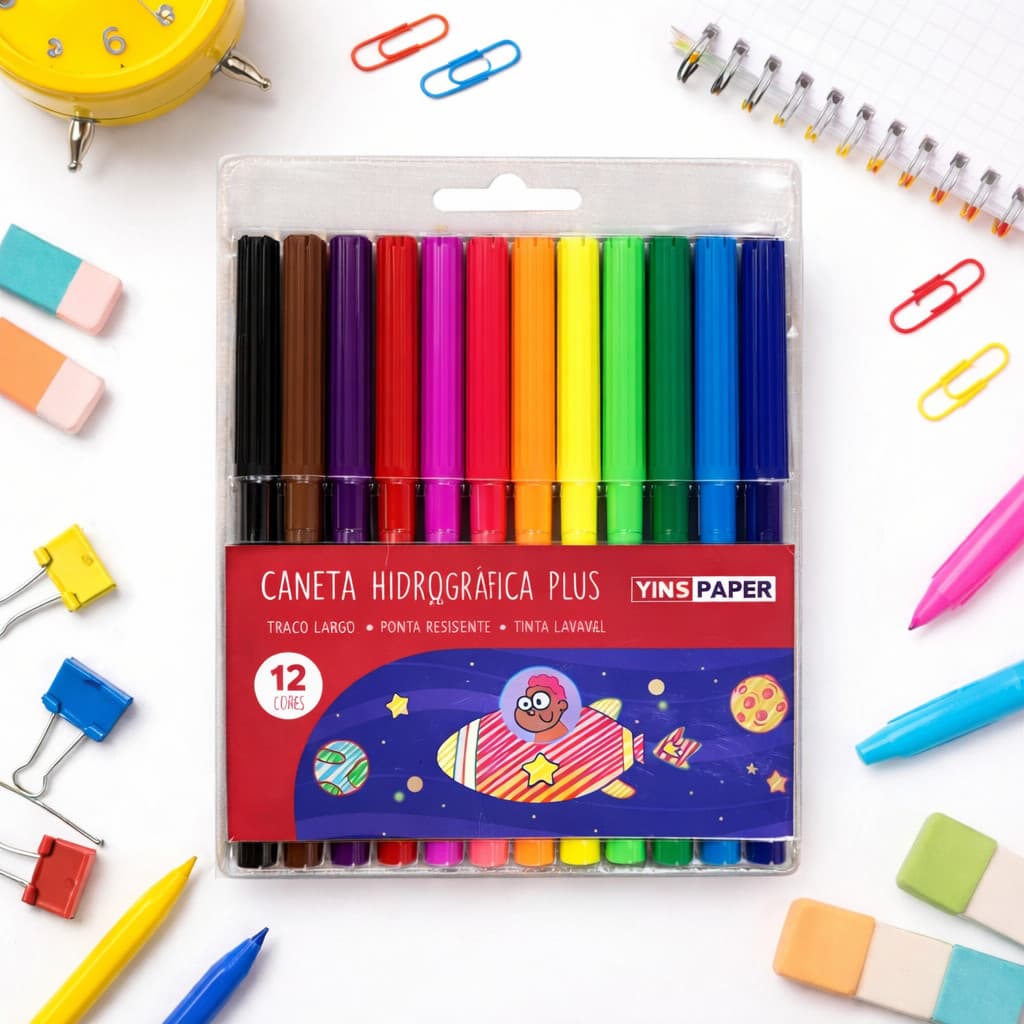 Kit de Canetas hidrográficas canetinhas estojo com 12 cores coloridas