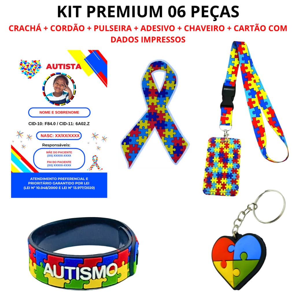 Crachá e Cordão Autismo Personalizado com Cartão Impresso  + Pulseira + Chaveiro + Adesivo - Kit TEA 6 peças