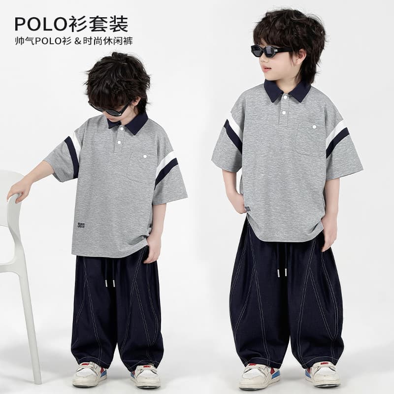 Roupas infantis de trabalho médio terno bonito camisa polo de manga curta Casual calças até o tornozelo terno de duas pe