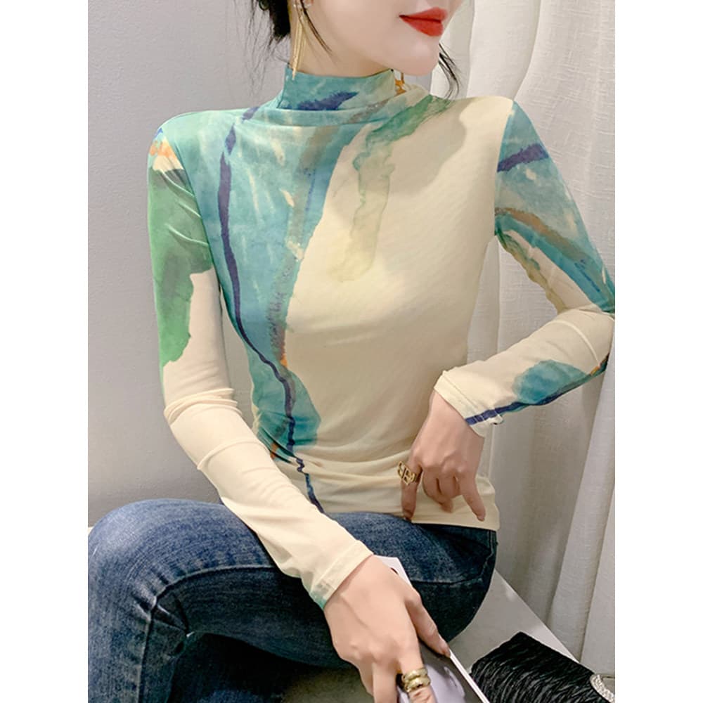 Design cor combinando camiseta feminina de manga comprida outono inverno bens europeus moda interior topo fino-ajuste Al