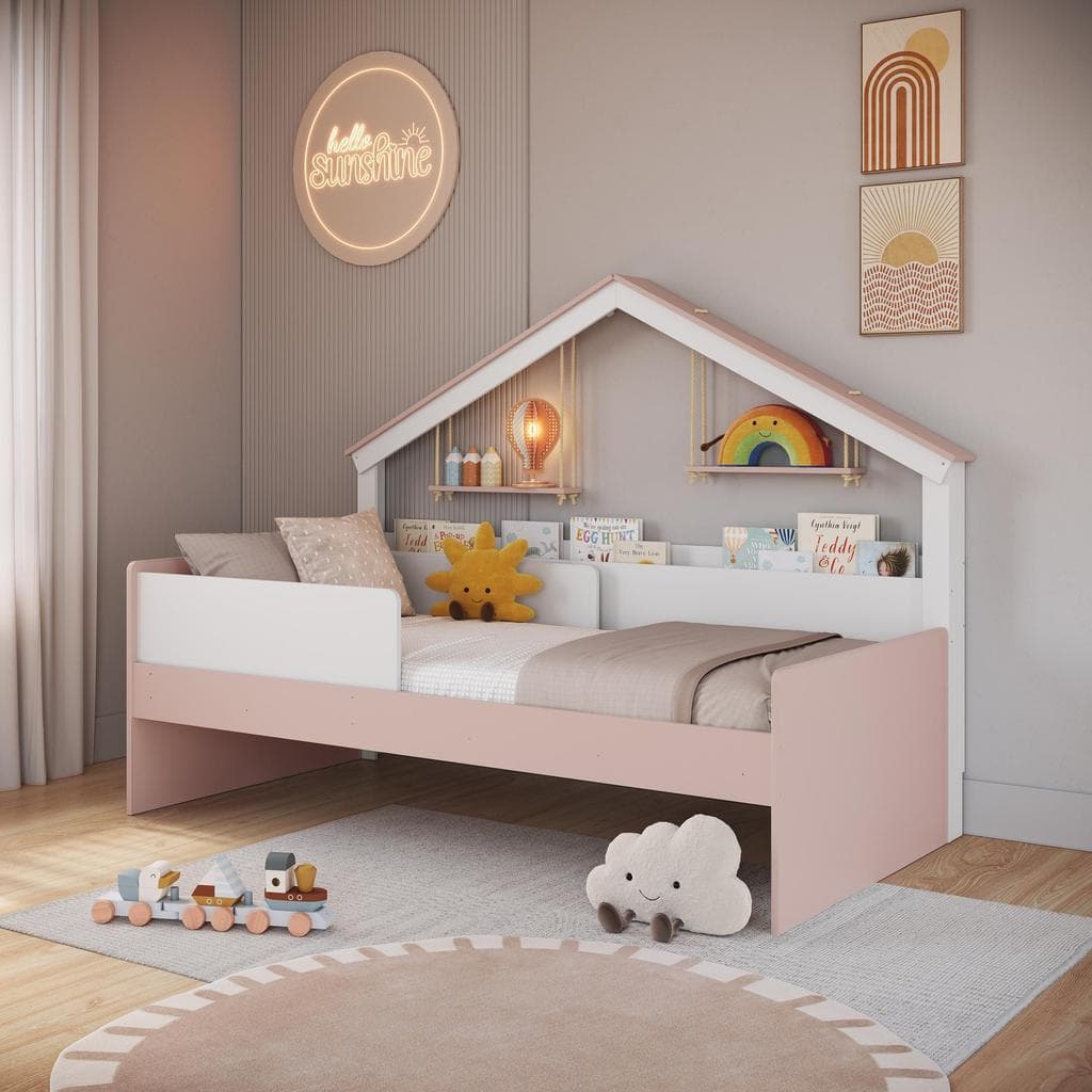 Cama Infantil Montessori de Solteiro 188x88cm em MDP com Cabeceira Estilo Casinha e Protetor Lateral