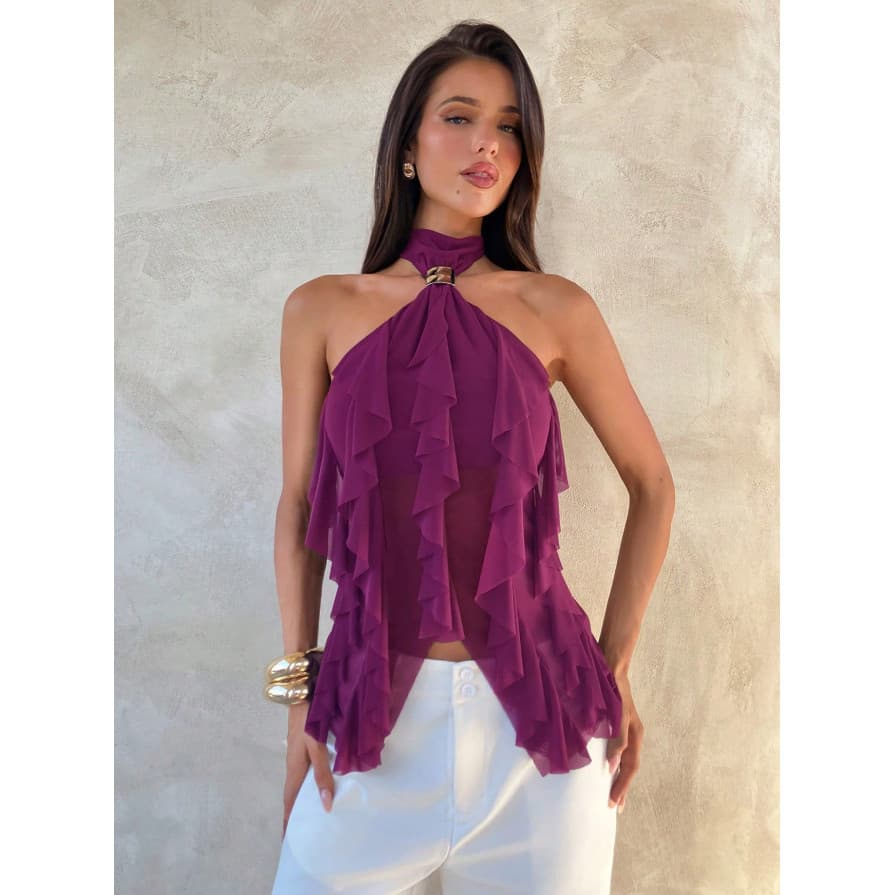 Top Feminino Com Gola Halter E Design De Moda Fora Do Ombro Elegante