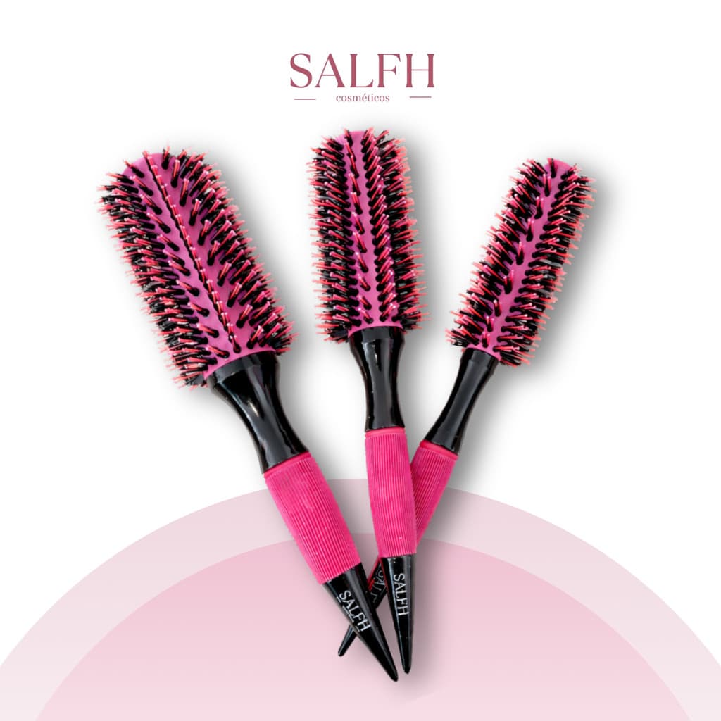 Kit 3 Escovas de Cabelo Profissionais Térmica Cerâmica Salão Cerdas Duplas de Javali e Nylon Rosa