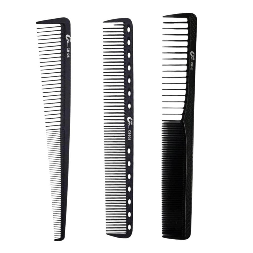Kit 3 Pentes de Carbono de Cortar Cabelo e Barba Preto Profissional