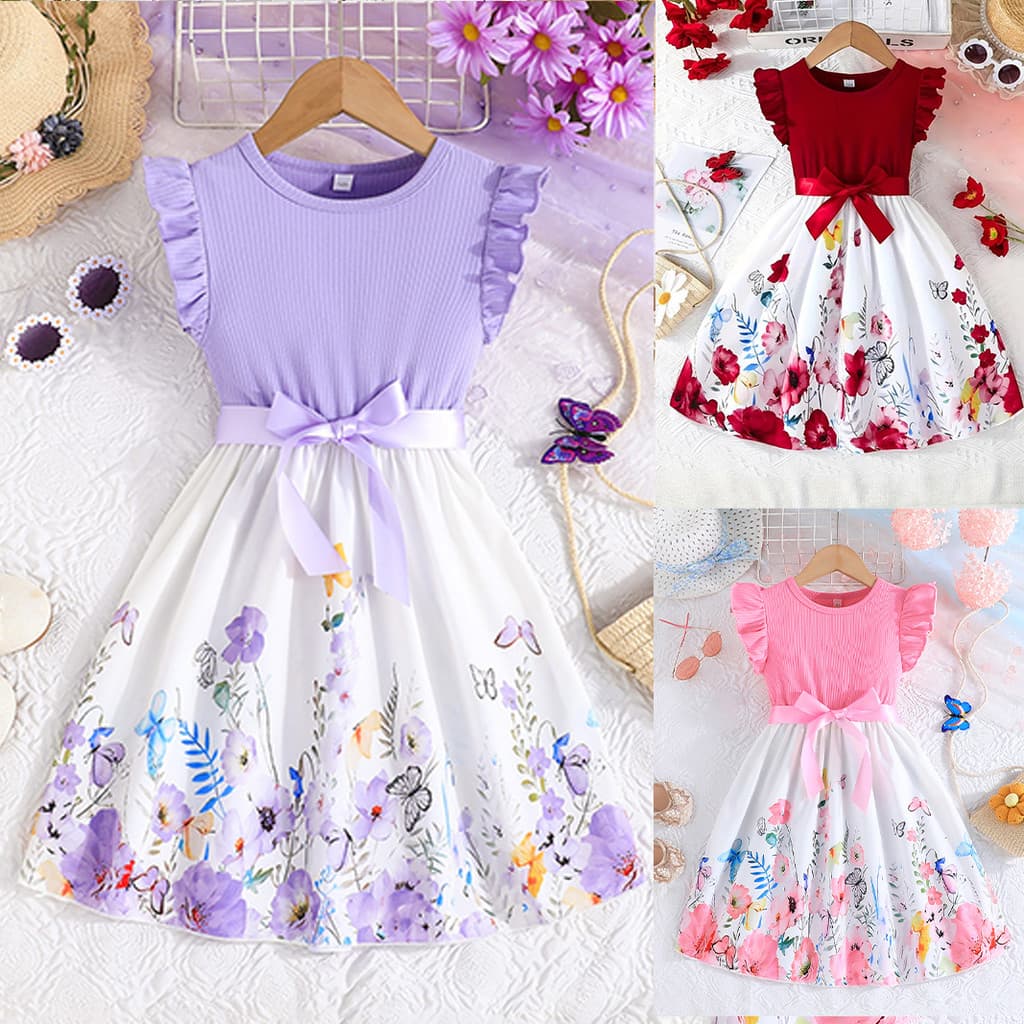 Vestido Menina Manga Curta Roxo Estampado Borboleta 4 a 10 Anos Festa Aniversário Presente Dia das Crianças