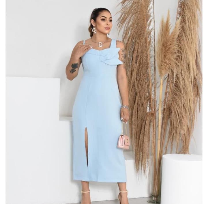 Vestido Midi Alfaiataria com Fenda Alcinha Floral Elegante Festa