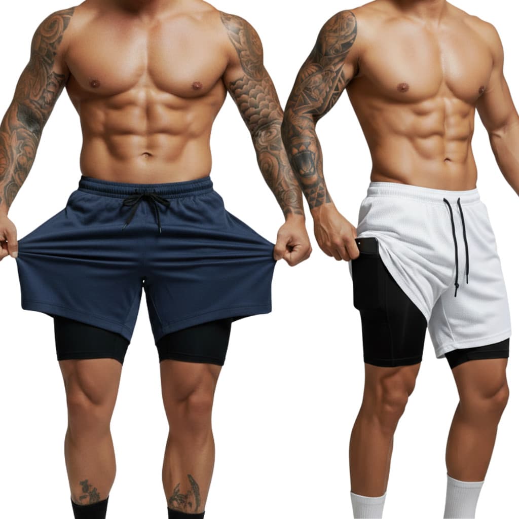 Kit 2 Peças Bermudas 2 em 1 Com Shorts de Compressão Masculino Elastano e Bolso Interno