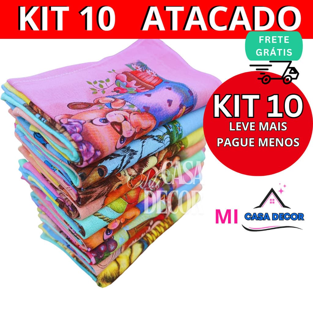 Pano De Prato Atacado Estampado Colorido Premium Kit Com 10 Peças