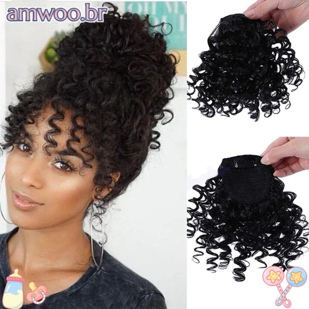 AMWOO Franja De Cabelo , Clipe De Extensões Em Postiços Peruca Encaracolada , Peças Afro Curtas Resistentes Ao Calor