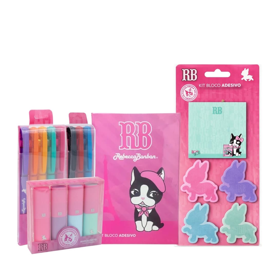 Kit Material Escolar Rebecca Bonbon C/ Post-it + 8 Canetas Esferográficas e 4 Marca-Textos Ideal Para Destacar Skypaper