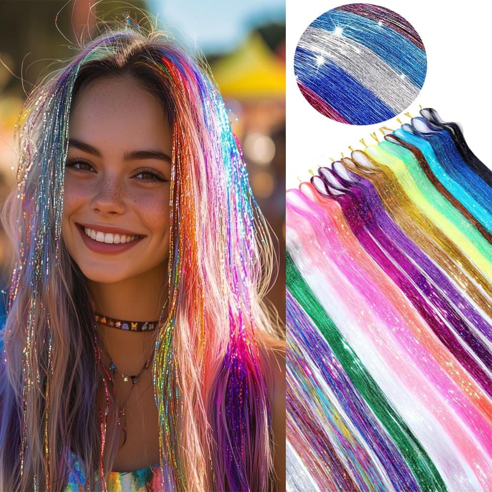Lote de cabelo sem seda Laser tinselhair tinselhair fonte de fábrica peruca de cabelo fio de Metal brilhante