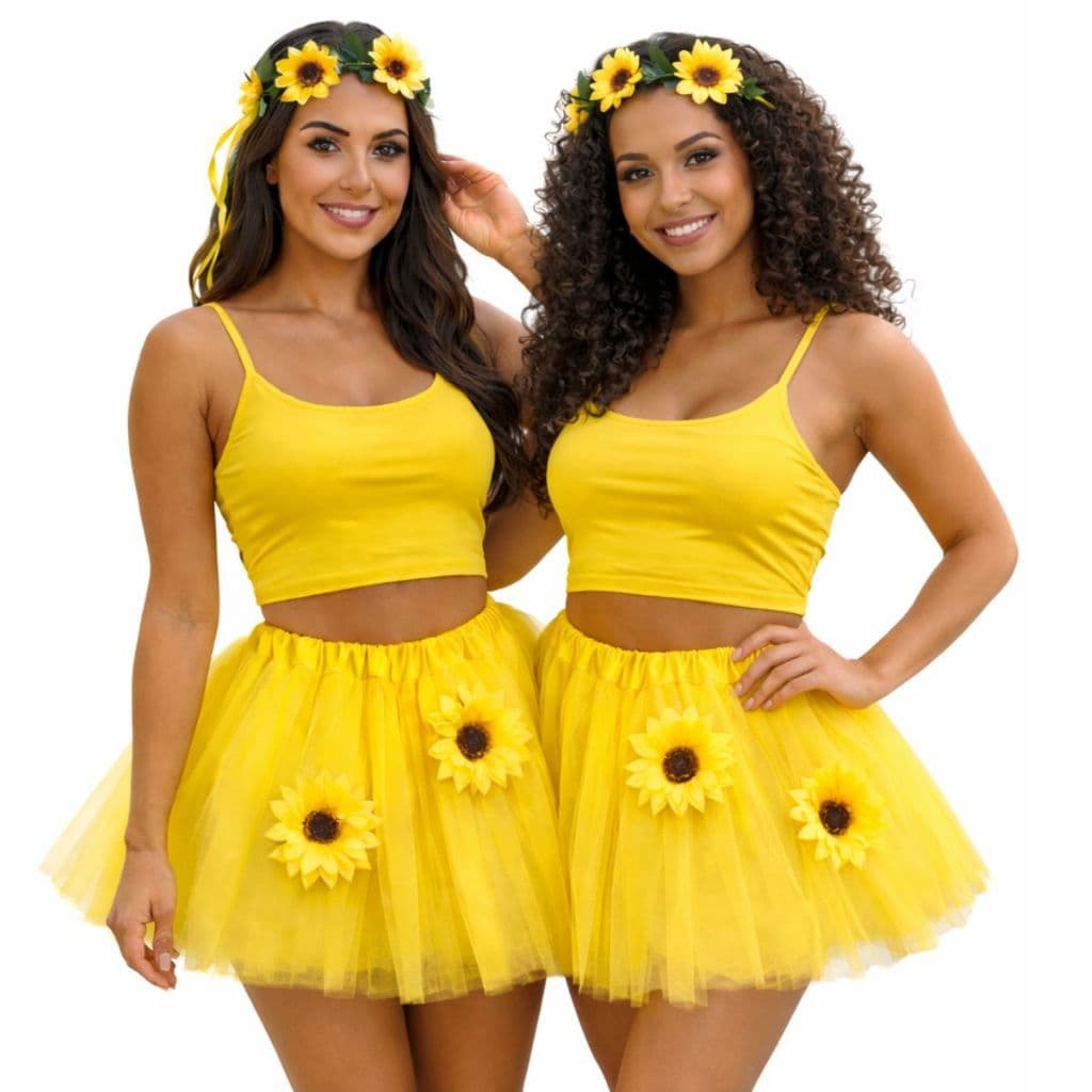 Kit Fantasia Girassol 2 Peças Tiara Saia tule 40cm com flores Carnaval Festas Infantil Adulto