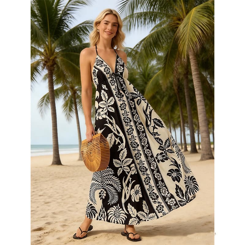 Vestido Longo Decote Indiano Costas Nua Estampa Floral Vestido Verão Casual Para Praia