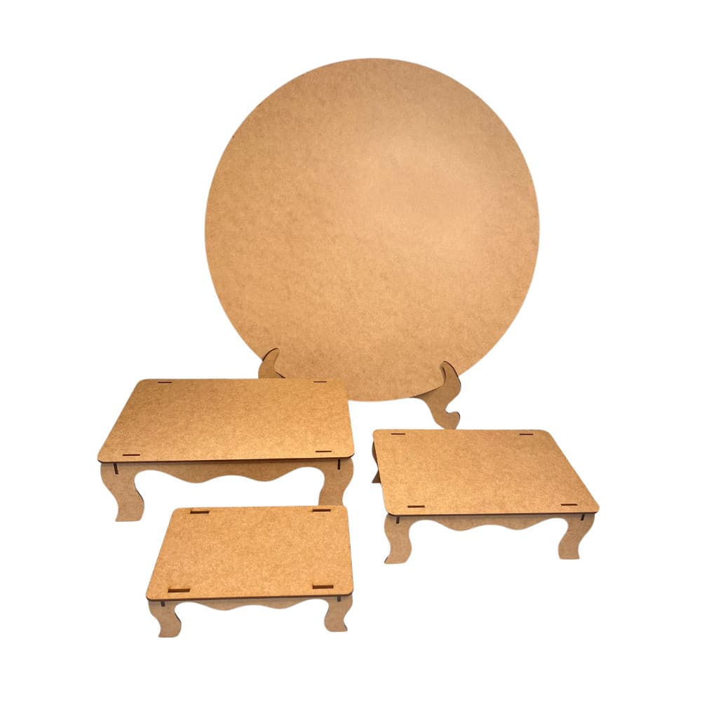 Mini Painel Decorativo em MDF Cru 50cm com Base de Apoio, Kit Pegue e Monte para Festa com Trio de Bandejas