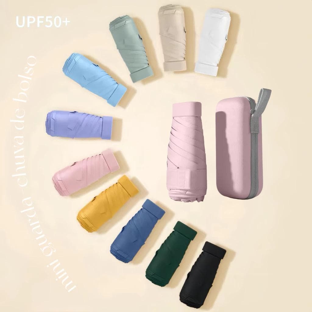 Mini Guarda-Chuva de bolso UPF50+ Super Compacto!Para Sol e Chuva, Lindas Cores com Estojo