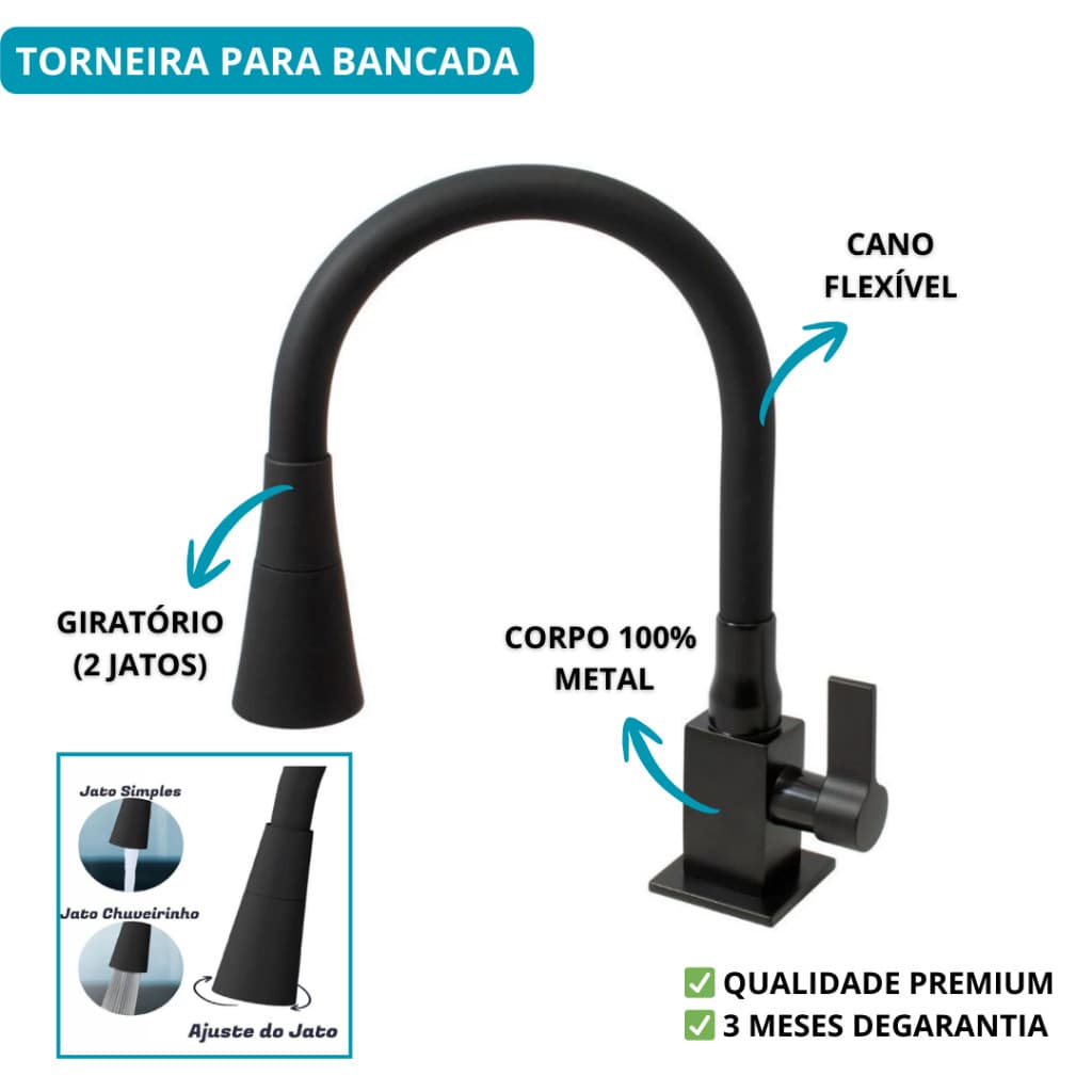 Torneira Pia De Cozinha Gourmet Bancada Toda Preta Metal Quadrada Luxo Flexível 2 Jatos Black Fosco 4198