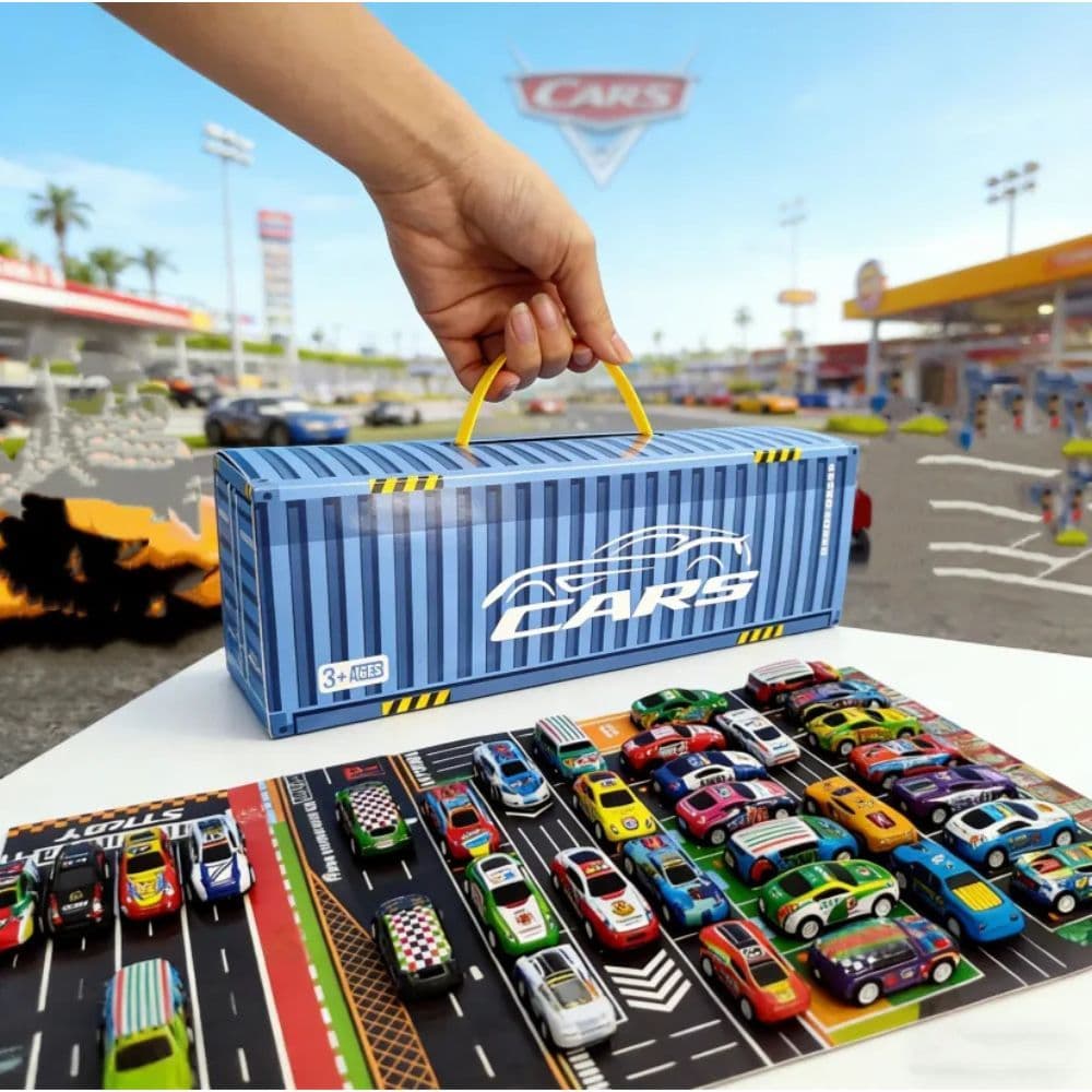 Kit 48 Mini Carrinhos Educativos Com Pista Container Vermelho