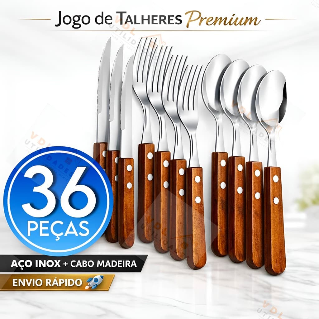Conjunto Jogo de Talheres 36 Peças Facas Garfos Colher de Mesa Cabo Madeira Premium Talher Rústico