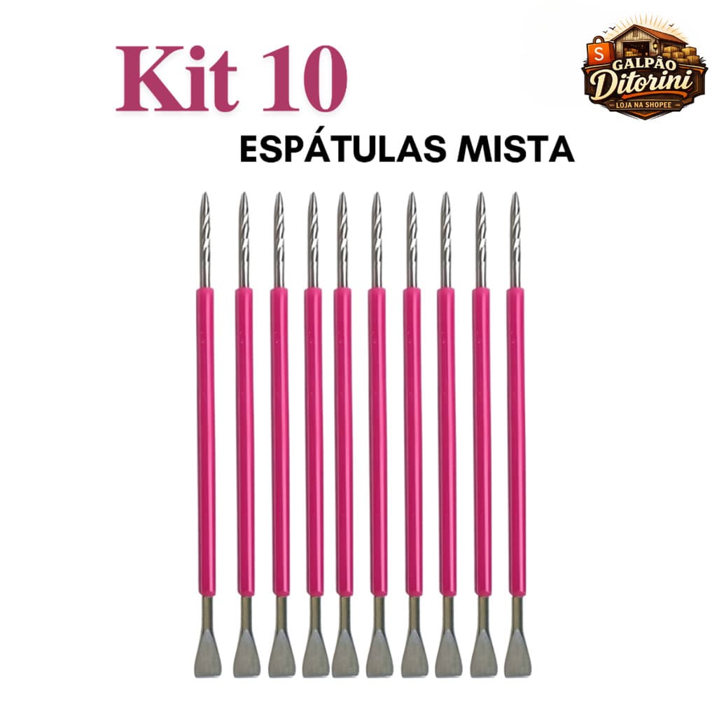 Kit 10 Espátulas Ditorini -  Bastão Mista Unha Inox  Com Silicone Cutelaria Manicure
