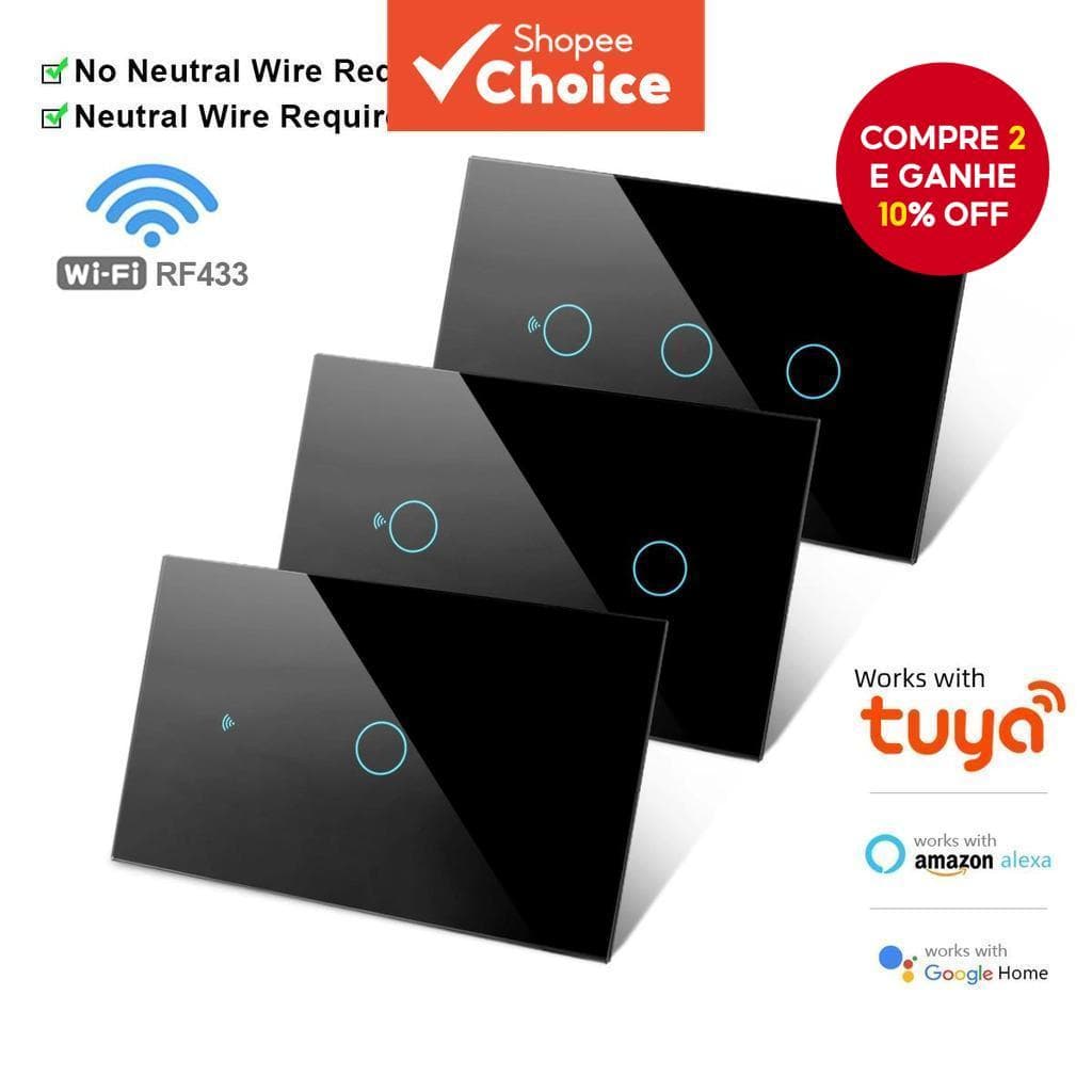 Funciona com o Interruptor Inteligente de Parede WiFi Tuya US RF433 1/2/3/4 Teclas Sem Fio Neutro Sensor de Toque