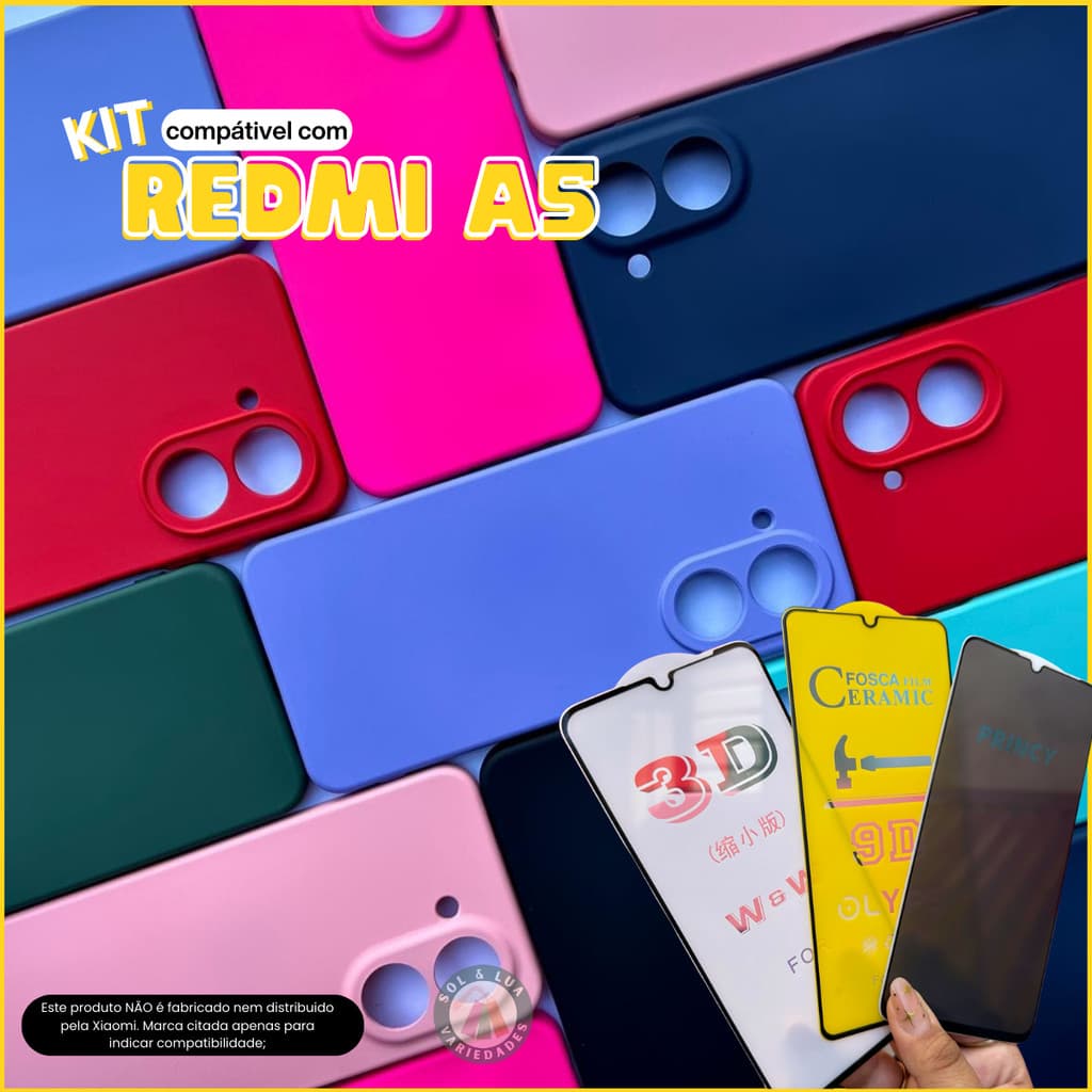 Kit Capa Capinha compatível com Xiaomi Redmi A5 + Película 3D Cerâmica Privacidade Câmera