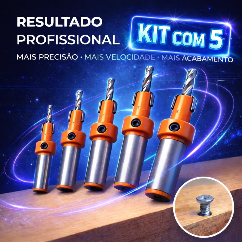Brocas Escareadoras 8mm HSS com Guia de Profundidade Profissional 5 peças