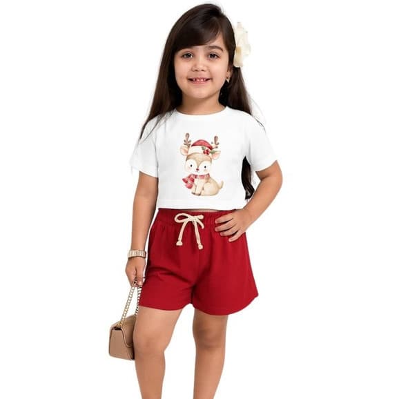 Conjunto Infantil Estampa Especial Natal Menina Blogueirinha Festa Cropped e Short