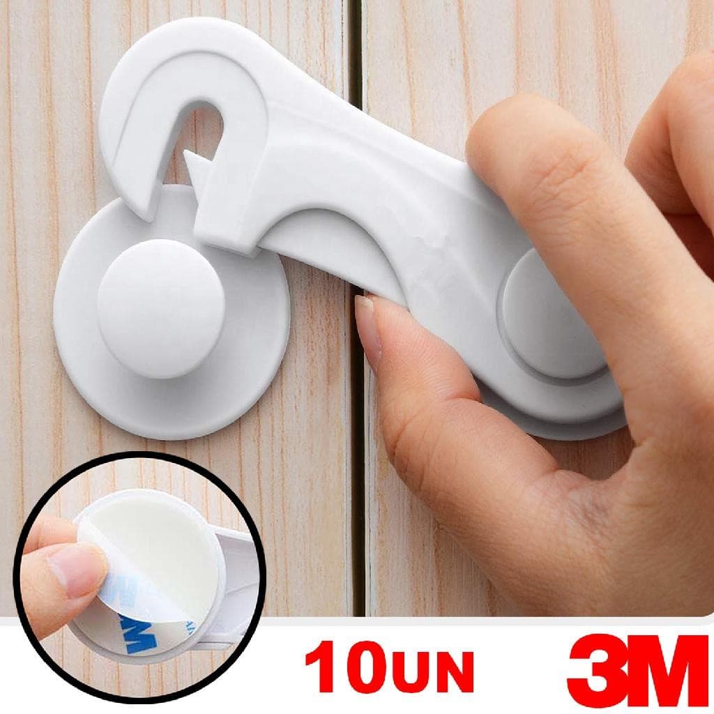 Kit Trava De Gaveta Armário Porta Segurança Bebê Proteção Criança Adesivo 3M – Kit com 2, 5 ou 10 Unidades