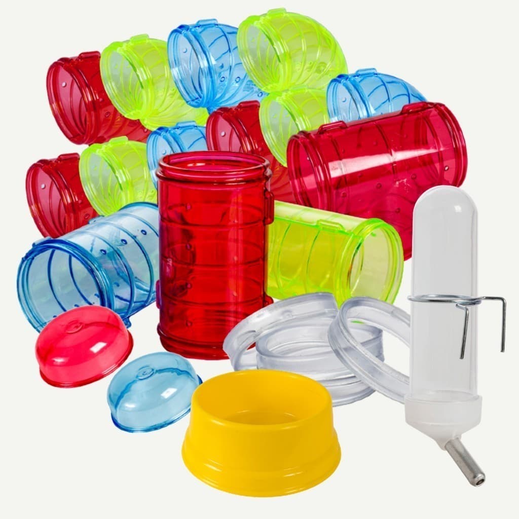 Tubo Labirinto Para Gaiola Hamster Jel Plast + Comedouro E Bebedouro Roedor 32 Peças