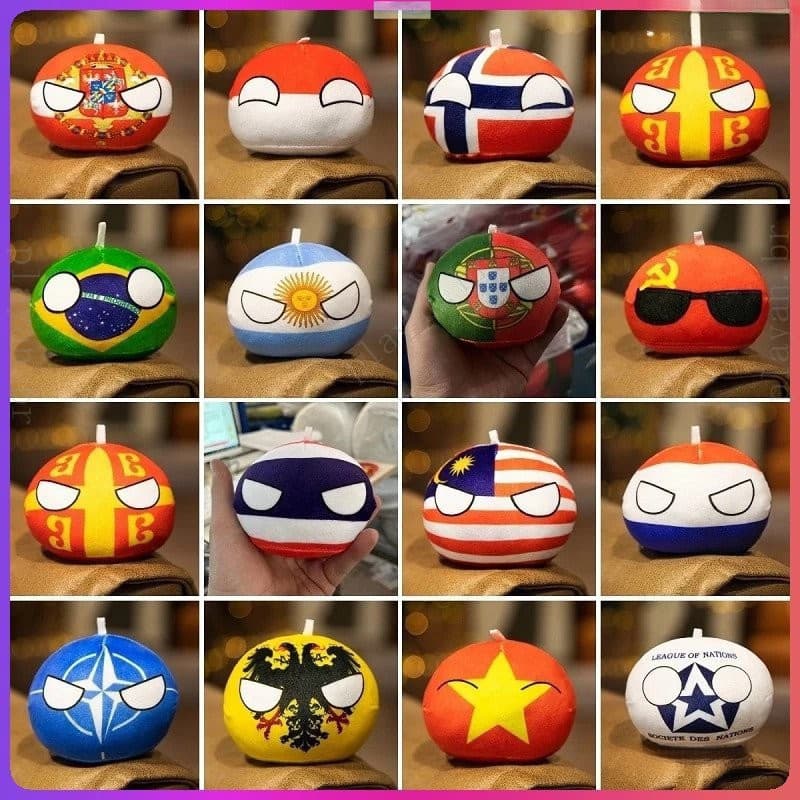 [Compre 10 e ganhe 1 grátis] 49 Estilos Brinquedos de Bola de Pelúcia Country de 10cm Bolas Pendentes da Bandeira da Pol
