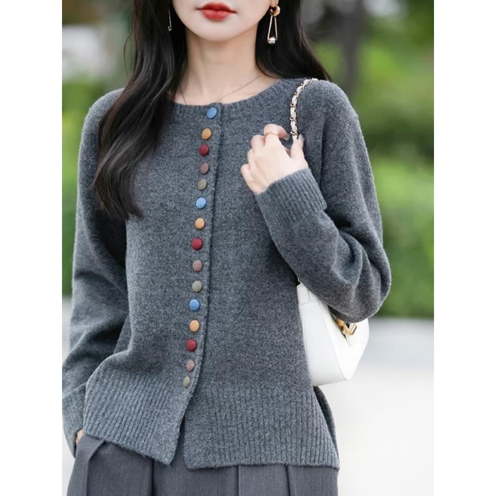 Design cor botão engrossado malha Cardigan jaqueta feminina camisola solta outono inverno Retro engrossado quente exteri