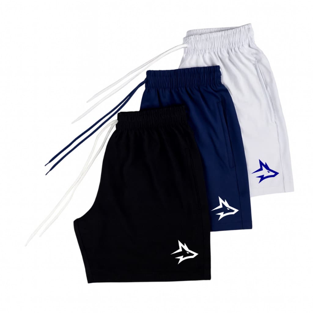 KIT 3 SHORTS ALPHA CO ESCRITA LOBO ALFA GEOMETRICO TREINO BERMUDA TACTEL ELASTANO DRY FIT