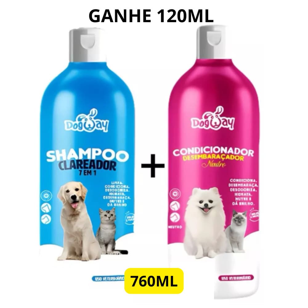 Kit Shampoo 760 ml Branqueador 7 Em 1 Mais Condicionador Desembaraçador de Pelagem Cães E Gatos Banho e Tosa