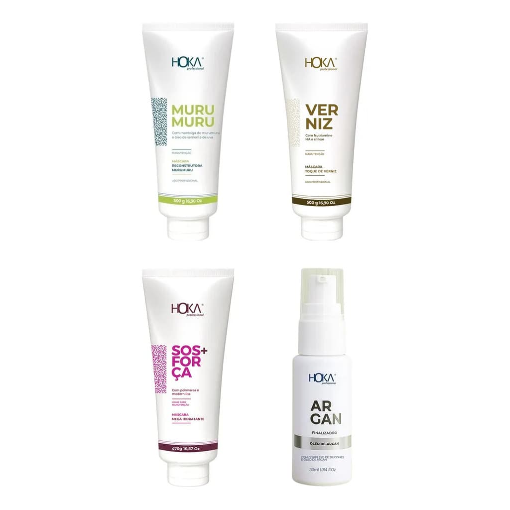 1 Máscara Murumuru 470g + 1 Máscara Verniz 470g + 1 Máscara Sos 470g + 1 Óleo Argan 30ml Hoka